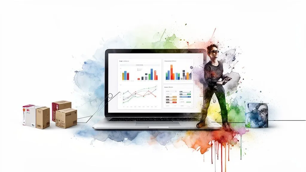 A man analyzes inventory data on a laptop, surrounded by paint splashes and packages.