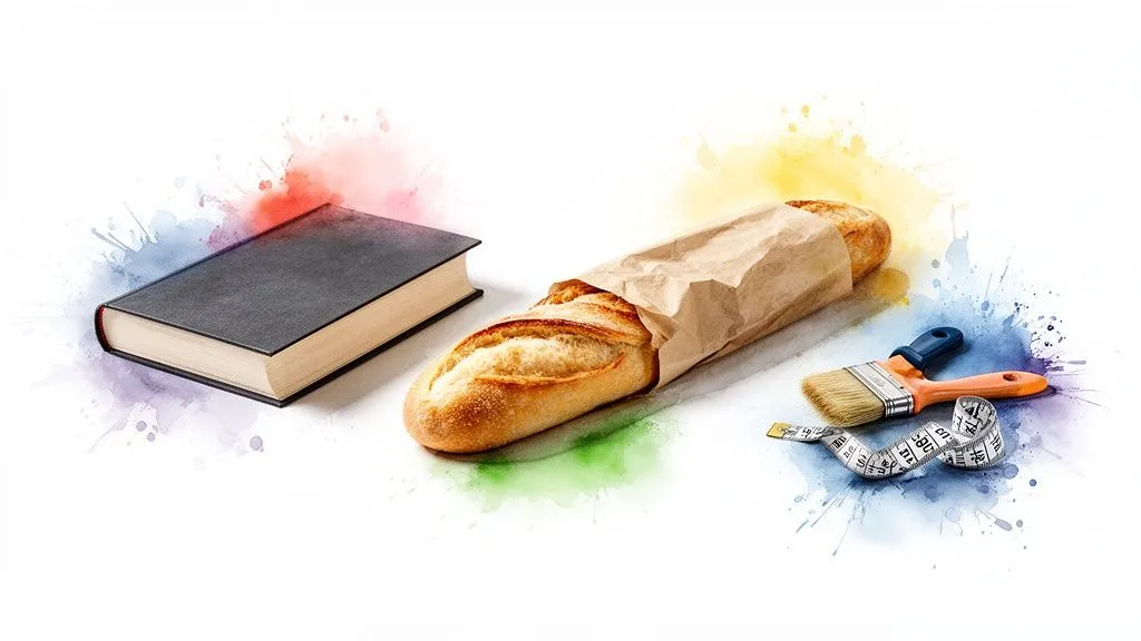 A book, a baguette, a paintbrush, and a tape measure, surrounded by colorful watercolor splashes.