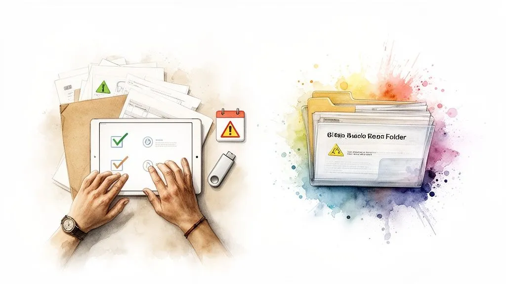 Hands interacting with a tablet displaying checkmarks, documents, a calendar, and a file folder.