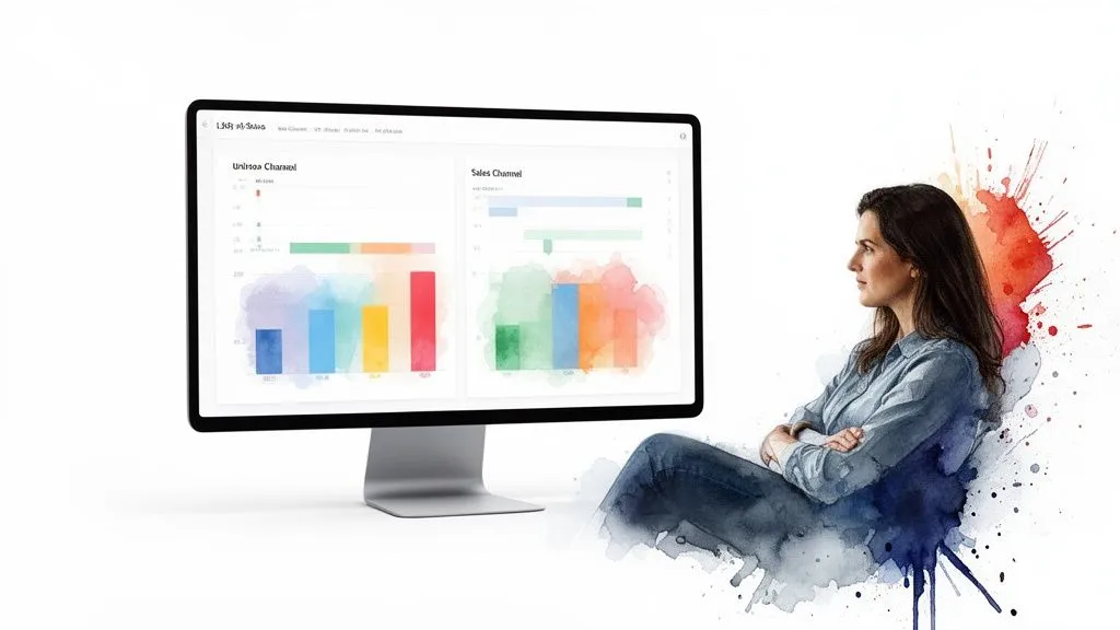 A woman closely watching a computer screen displaying colorful data charts with watercolor effects.
