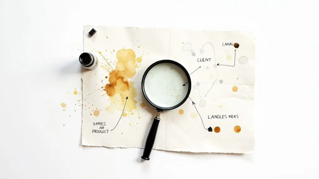 Magnifying glass and business chart illustrating channel and metric analysis for calculating revenue