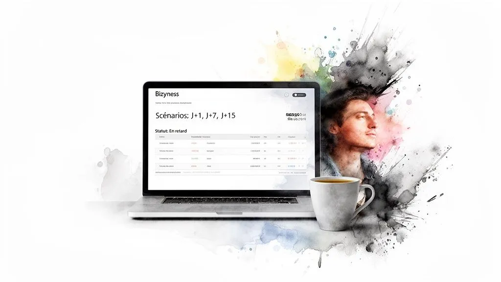 Laptop displaying the Bizyness app with follow-up scenarios and an 'Overdue' status, alongside a thoughtful man and a cup of coffee.