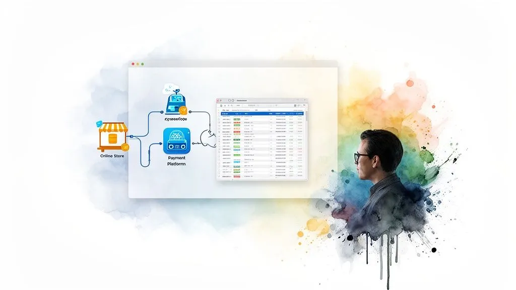 A man wearing glasses looks at a flow diagram of an online store, a payment platform, and data, on a watercolor background.
