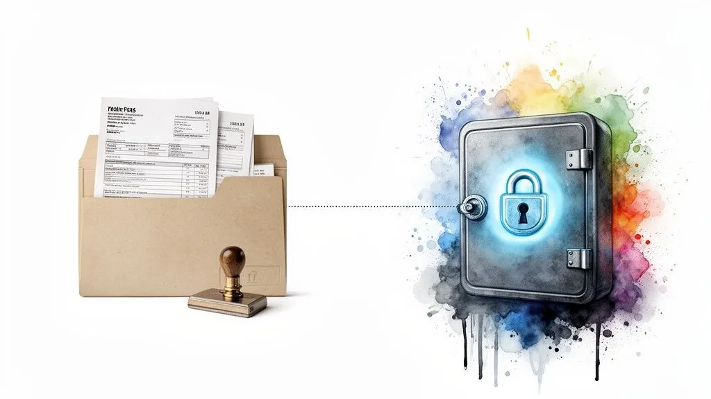 Envelope with documents, a stamp and a safe secured by a glowing padlock, symbolizing secure document retention.