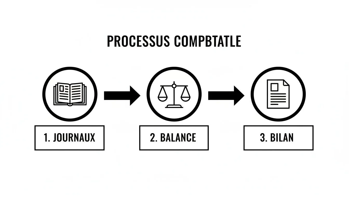 Illustration of the three-step accounting process: journals, trial balance and financial balance sheet.