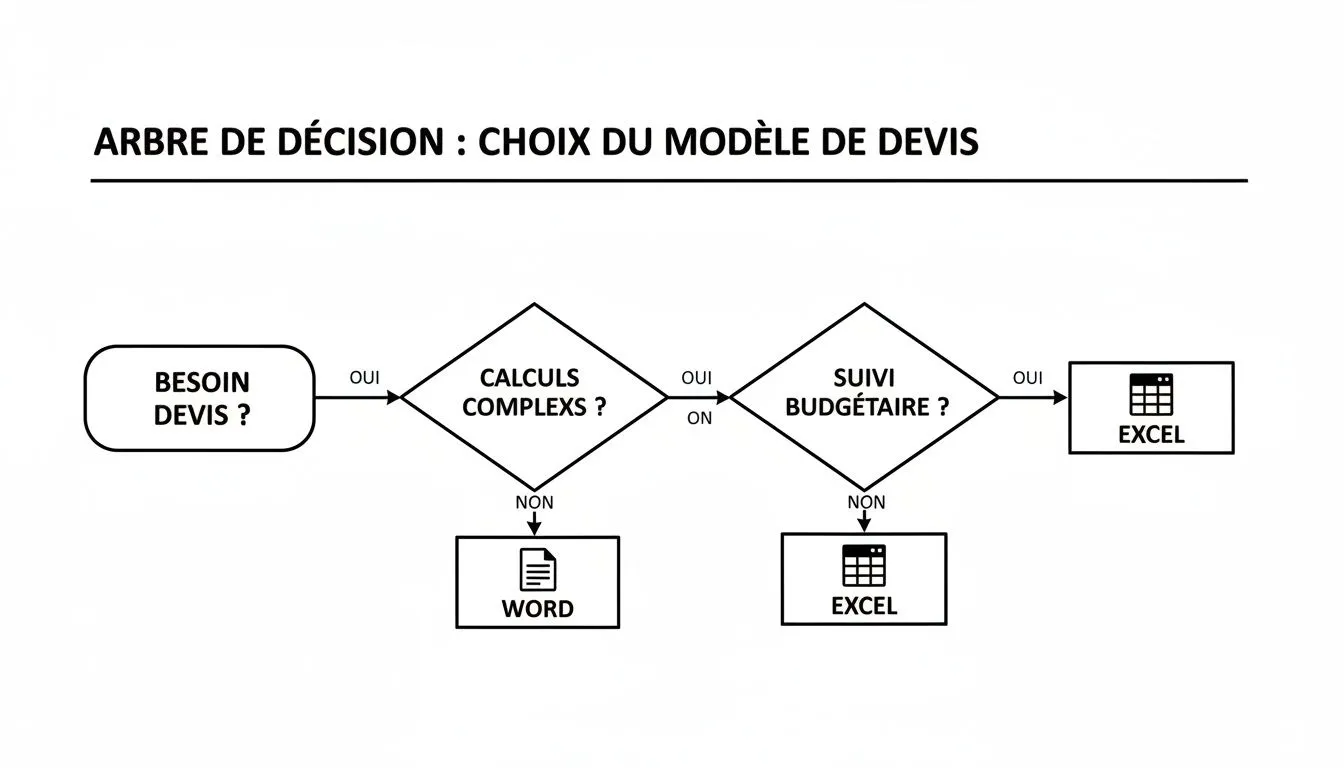 Decision tree for choosing a quote template, guiding between Word and Excel based on calculation and budget-tracking needs.