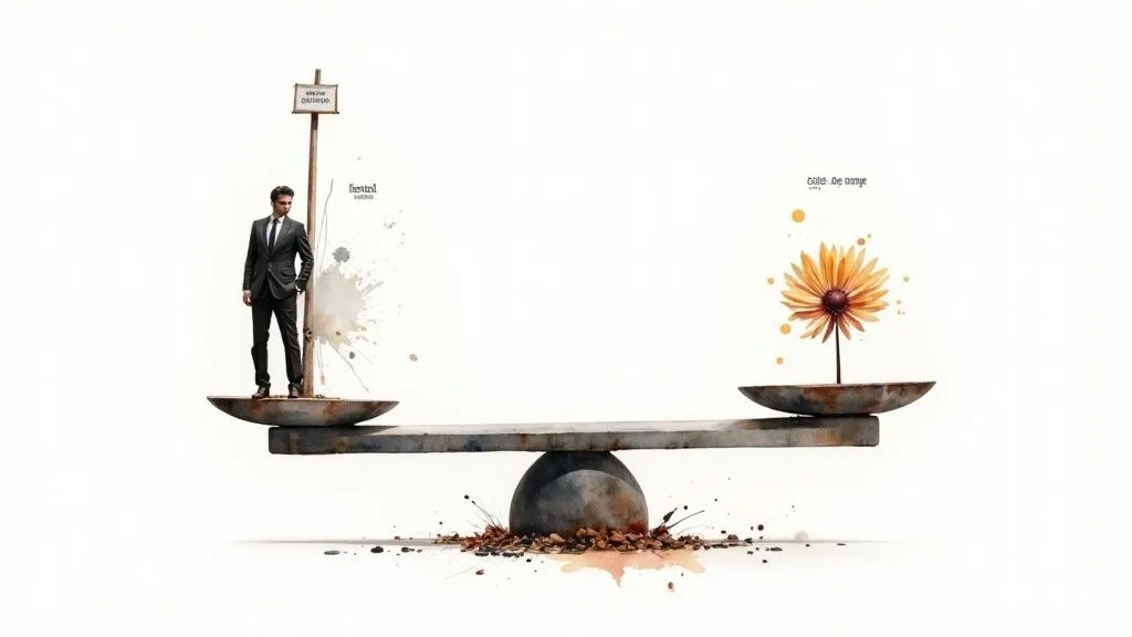 A man in a suit stands on a scale, facing a flower on the other pan, symbolizing balance.