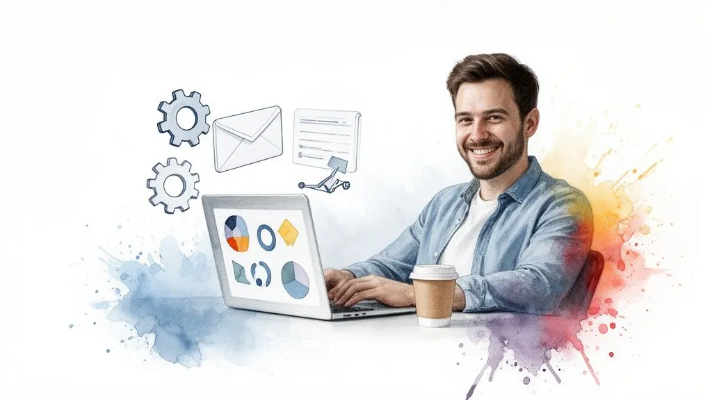 A smiling man works on a laptop, surrounded by business icons and watercolor splashes.