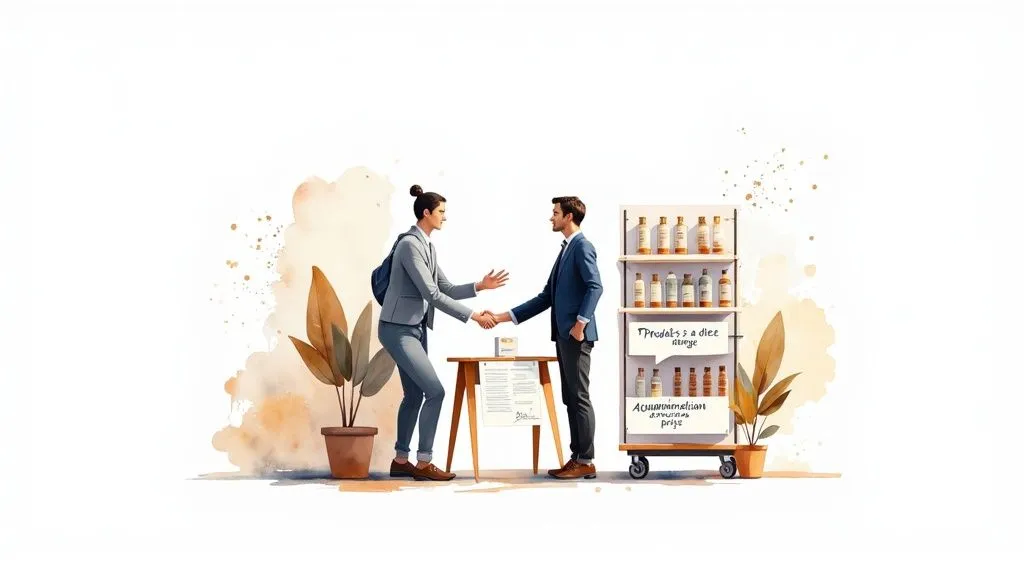 Two men in suits shaking hands in front of a product display and plants, on a watercolor background.