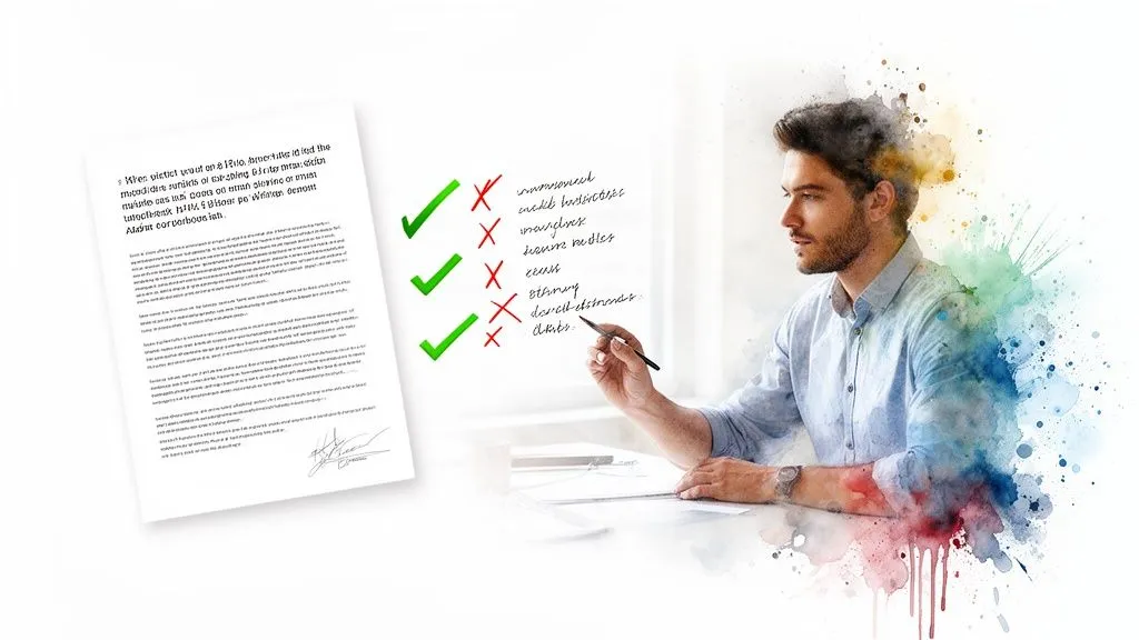 A businessman reviewing a document and checking off a list, symbolizing review and approval.