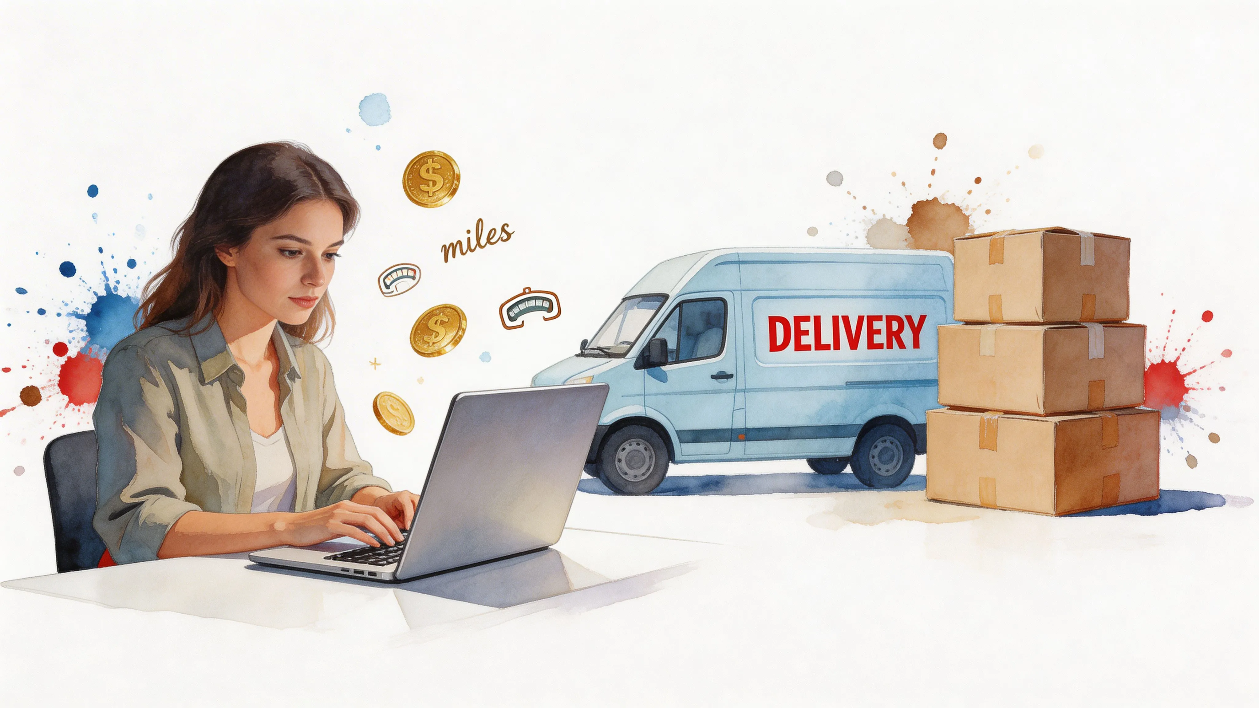 A woman working on a laptop to manage the mileage allowance of a parcel delivery business.
