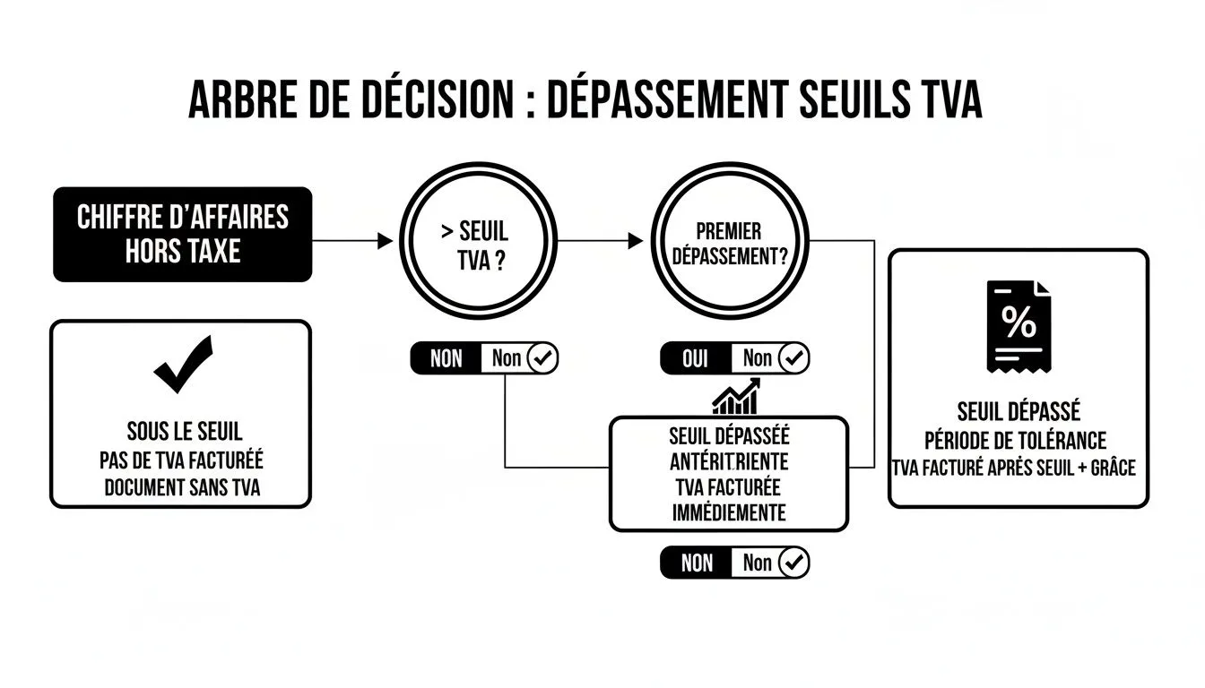 Decision tree explaining the rules for exceeding VAT thresholds and their tax consequences.