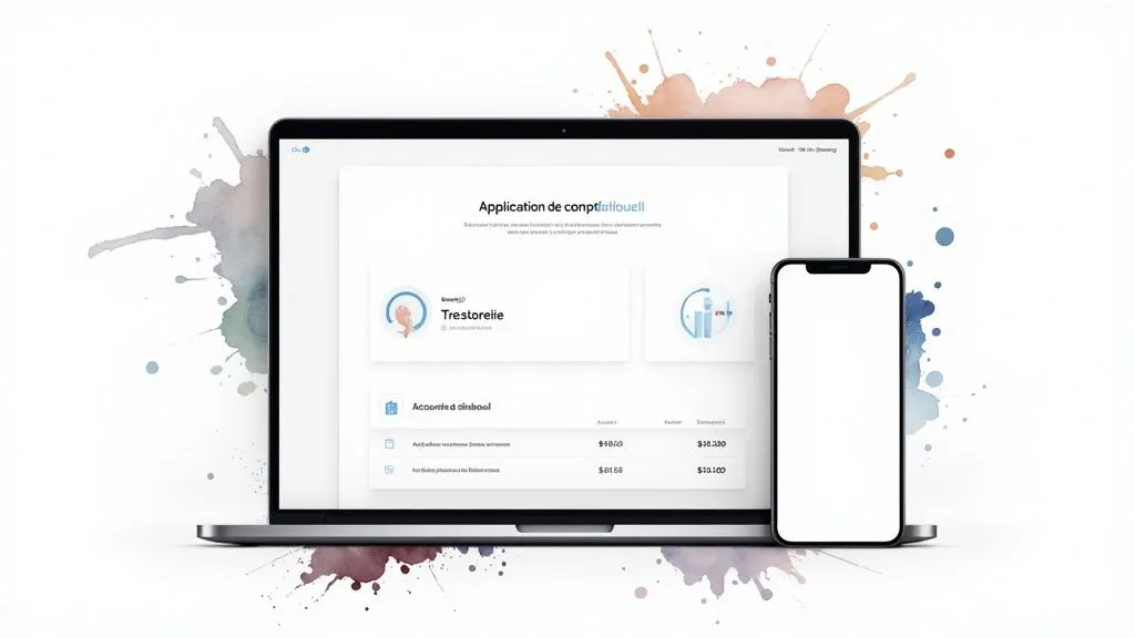 Accounting app displayed on a modern laptop and smartphone, surrounded by watercolor splashes.