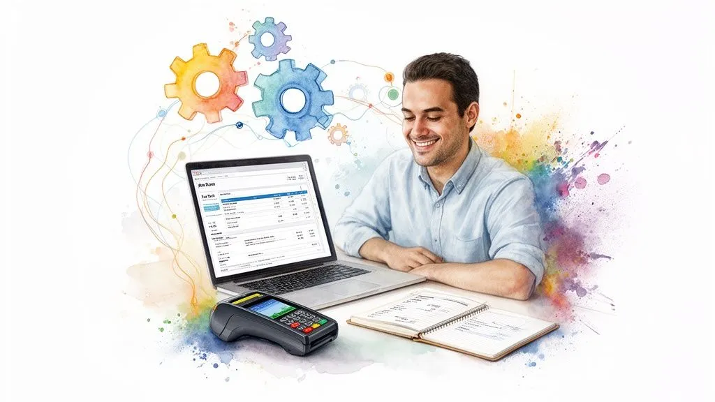 A smiling man works on a laptop displaying data, with a payment terminal and colorful gears in the background.