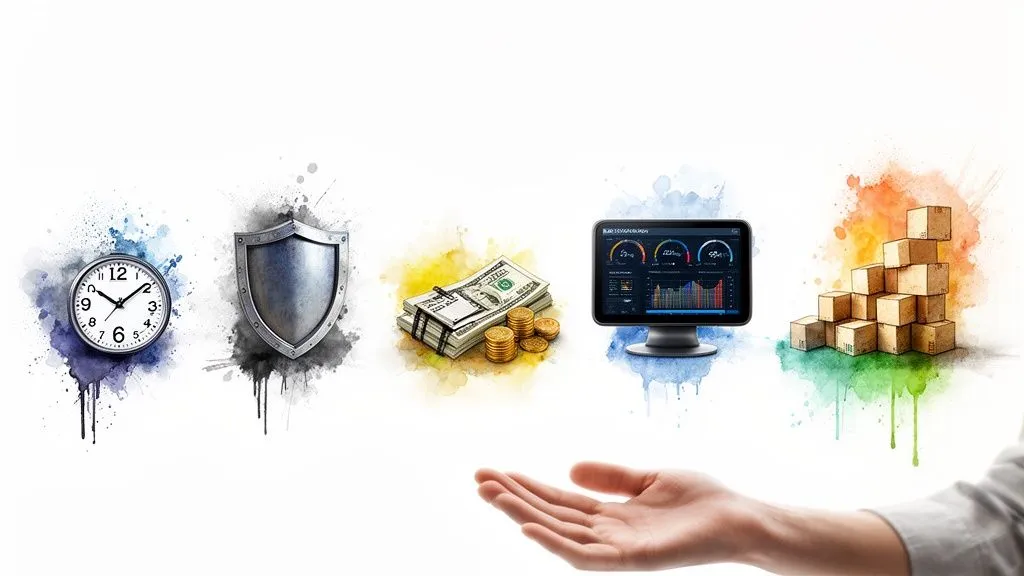 Hand reaching toward business symbols: time, security, finance, data analysis, and logistics.