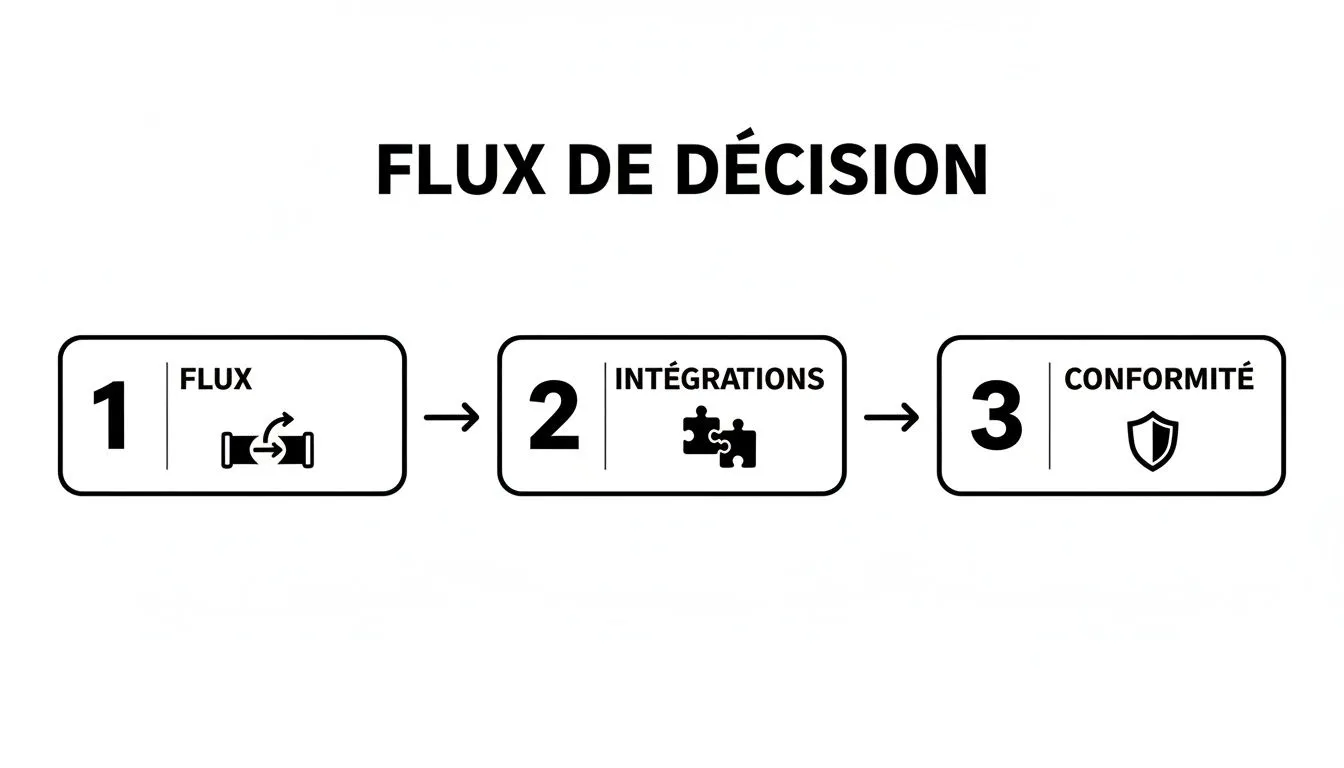 Three-step decision flow diagram: flow, integrations and compliance, with their respective icons.