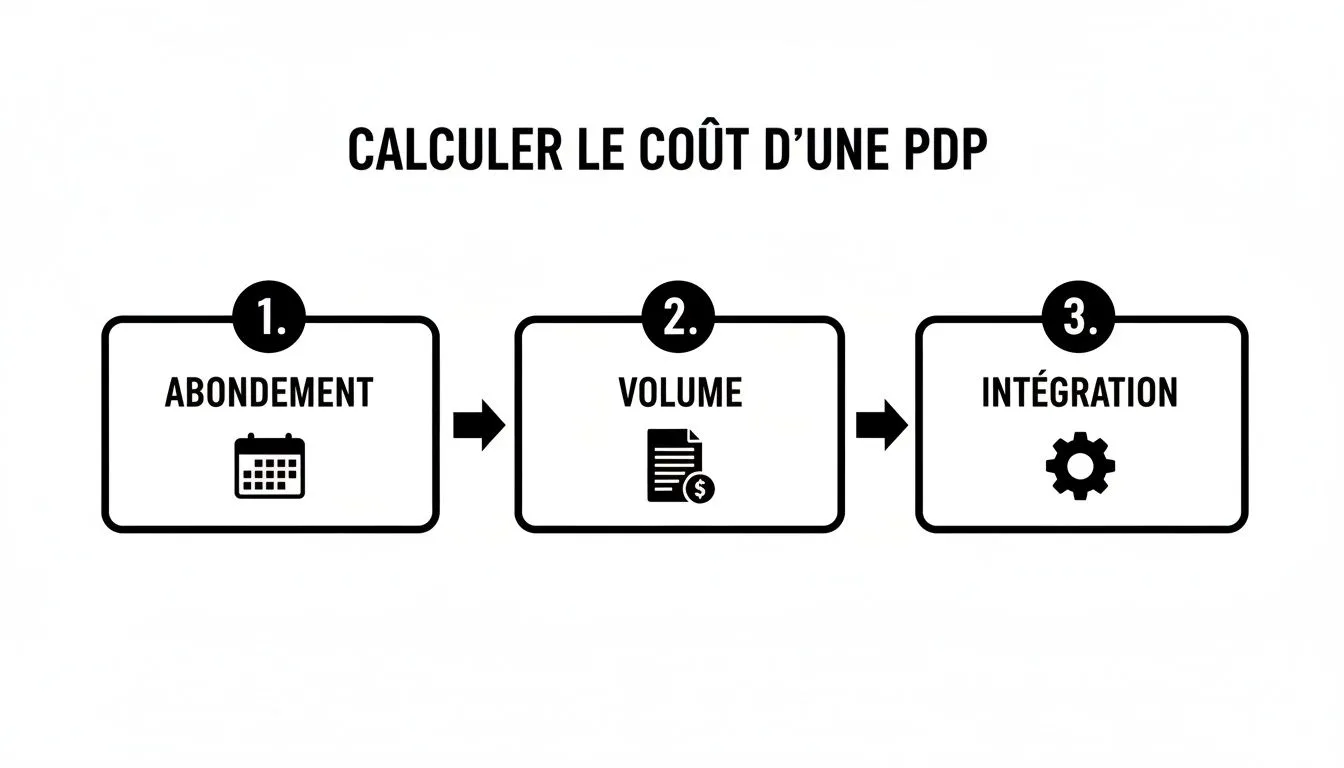 Infographic detailing the 3 key steps to calculate the cost of a PDP: subscription, volume, and integration.