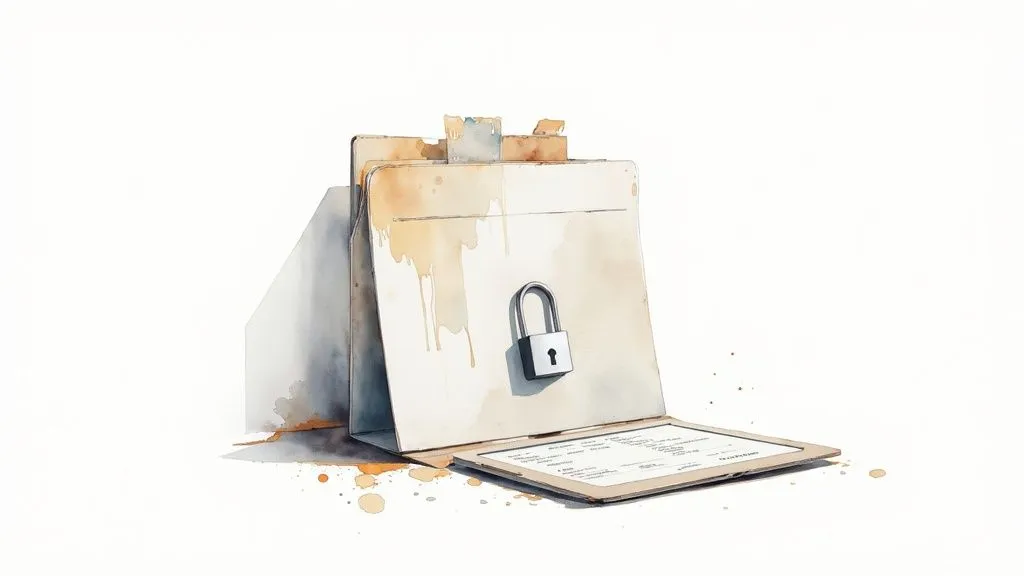 Several file folders, one with a padlock, on a white background with watercolor splashes.