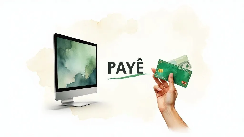 Computer screen, hand holding bank cards and the word "PAID" symbolizing online payment.