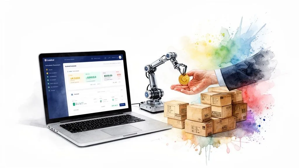 Laptop, robotic arm dropping a coin into a hand, stacks of packages, colorful watercolor background.
