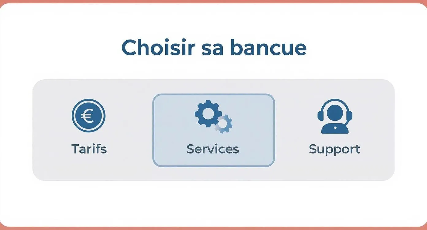 Infographic summarizing the criteria for choosing a bank: Pricing, Services, Support