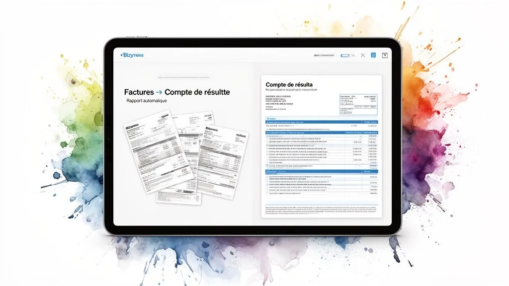 A tablet displays an income statement automatically generated from scanned invoices.