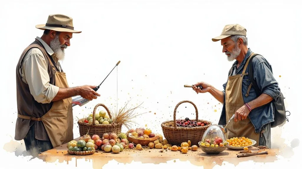 Two people analyzing a price chart on a screen to assess the competition