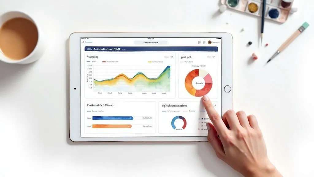 A person using a tablet displaying a dashboard with financial charts, coffee and art supplies.