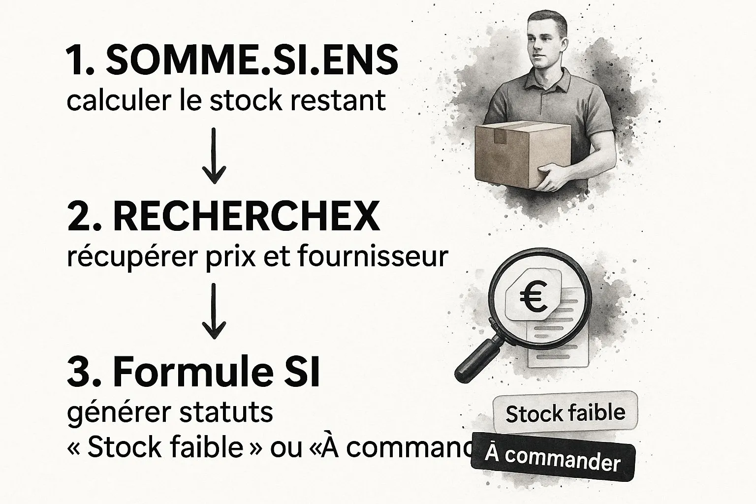 Infographic showing the stock automation flow in Excel with the SUMIFS, XLOOKUP and IF functions.
