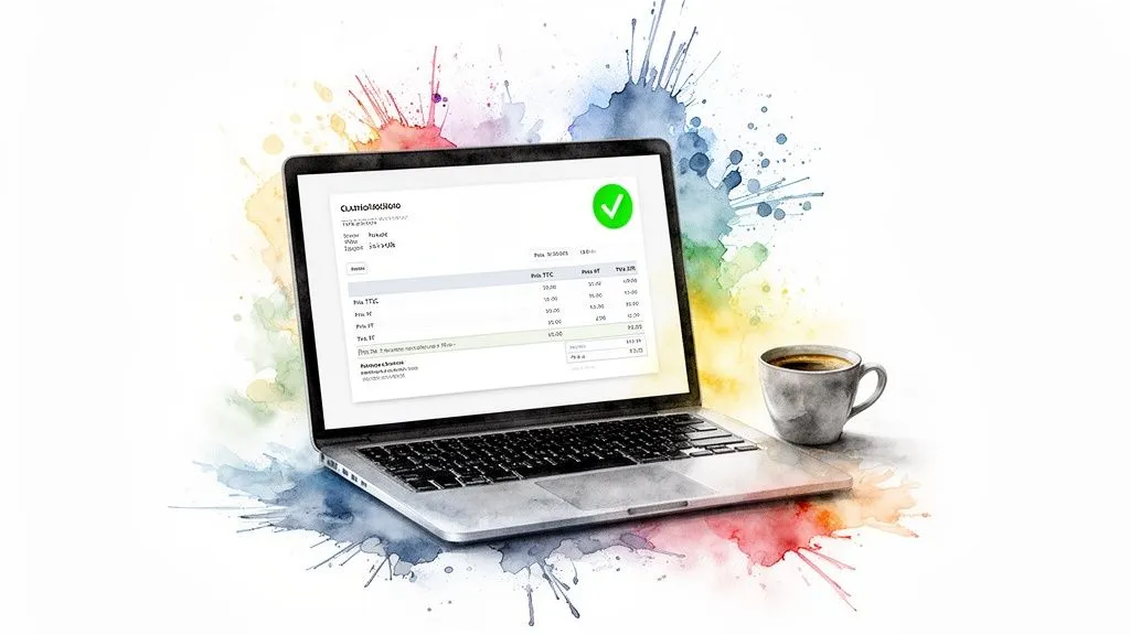 Laptop displaying gross and net price calculations, with a cup of coffee, on a colorful watercolor background.