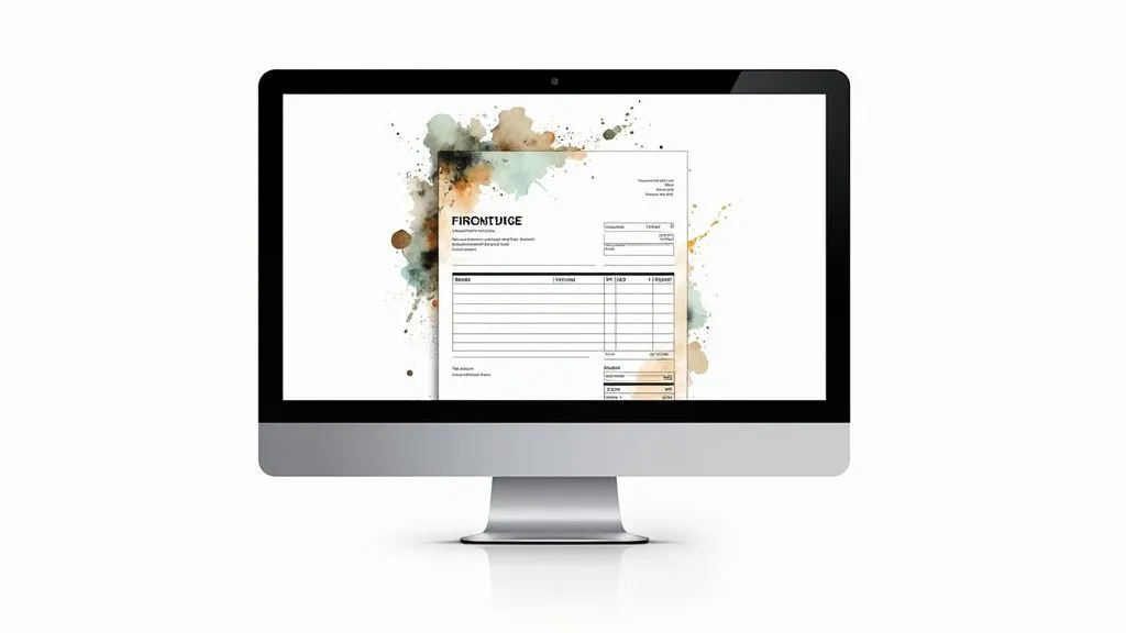 A computer screen displays a stylized proforma invoice with watercolor splashes.