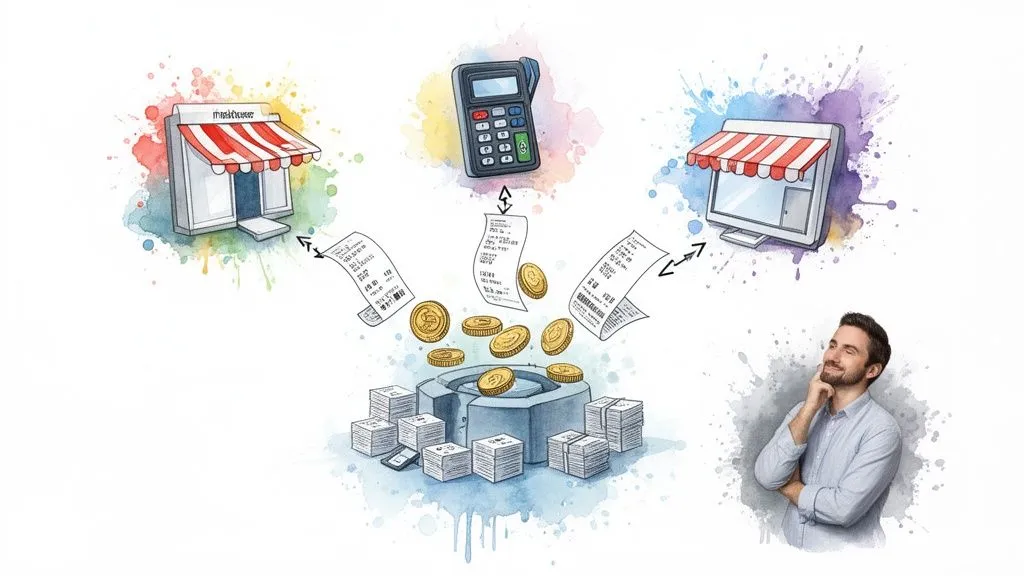 Illustration of financial management: store, payment, receipts, processed data, thoughtful man.