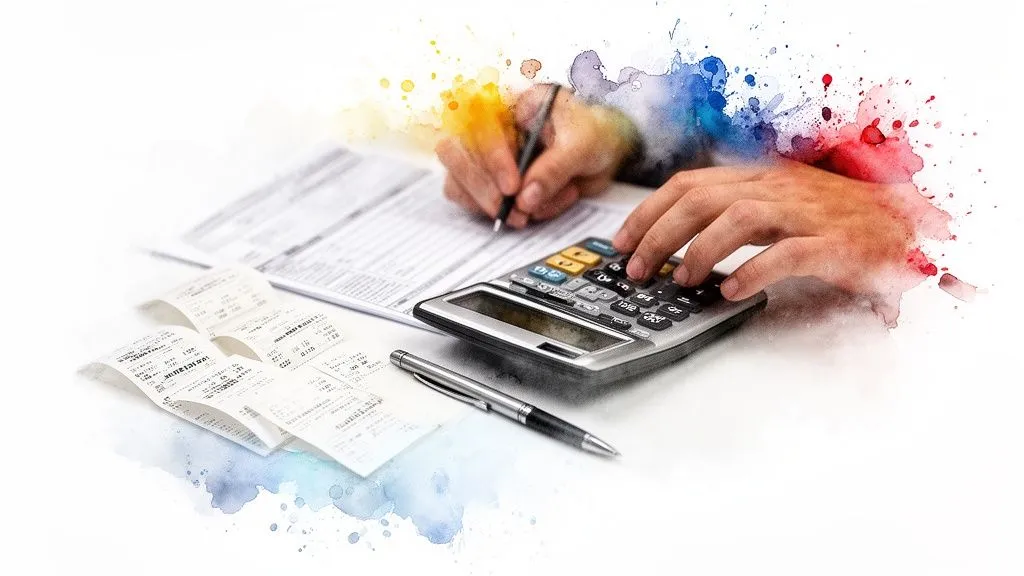 Hands calculating numbers with a calculator and pen on documents and receipts, with colorful watercolor splashes.