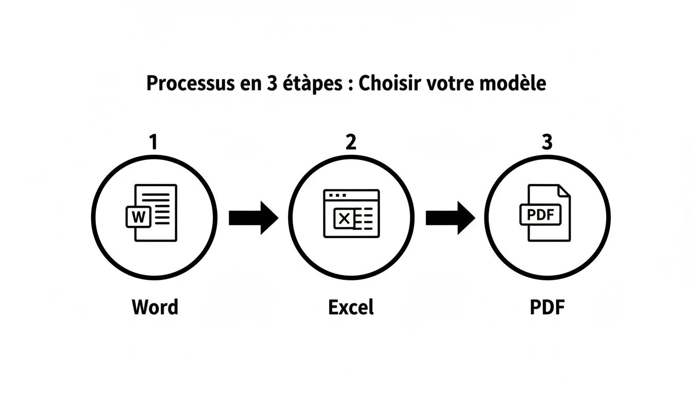 3-step process for choosing a template: from Word to Excel, then to PDF.
