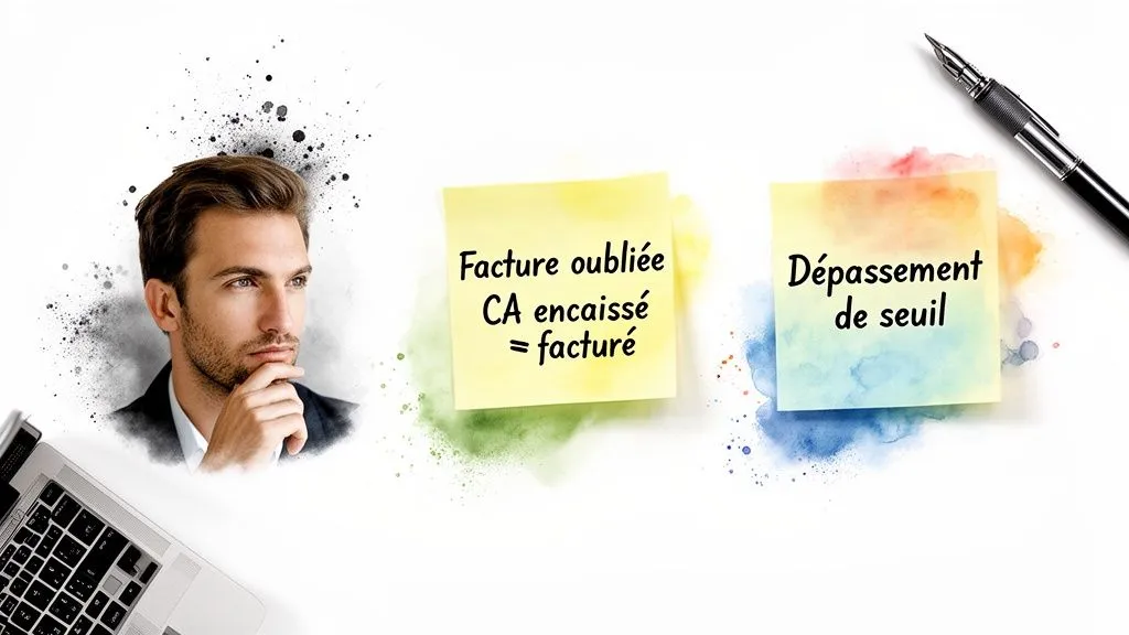 Businessman thinking with sticky notes about invoicing and revenue thresholds.