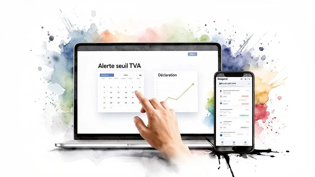 A laptop displaying a VAT threshold alert with a calendar and a chart. A smartphone is next to it, showing a financial app.