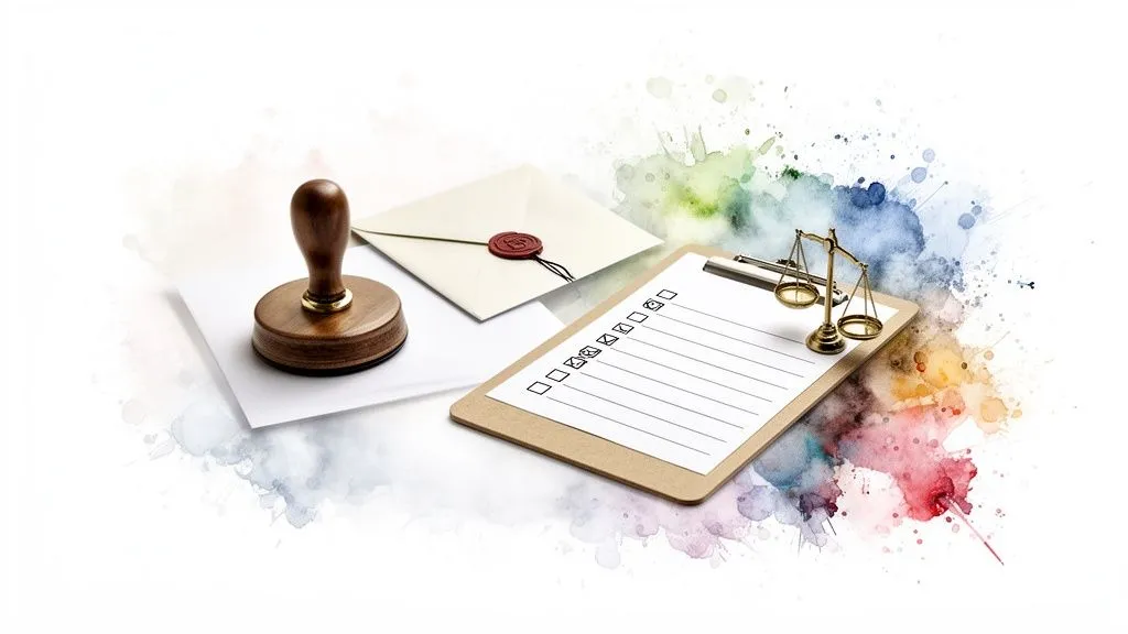 Wooden stamp, sealed envelope, clipboard with checklist, and scales of justice on a watercolor background.