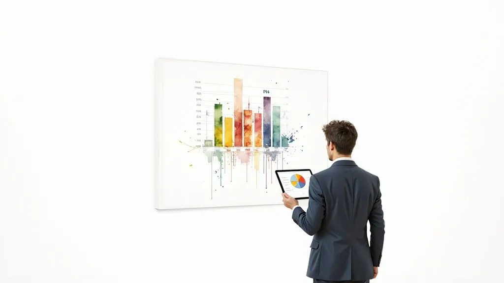 A CFO analyzing dynamic dashboards on a screen.