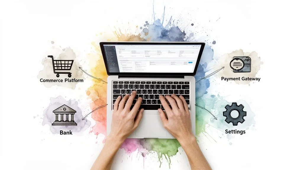 Hands using a laptop, with icons for e-commerce platform, payment, bank and settings.