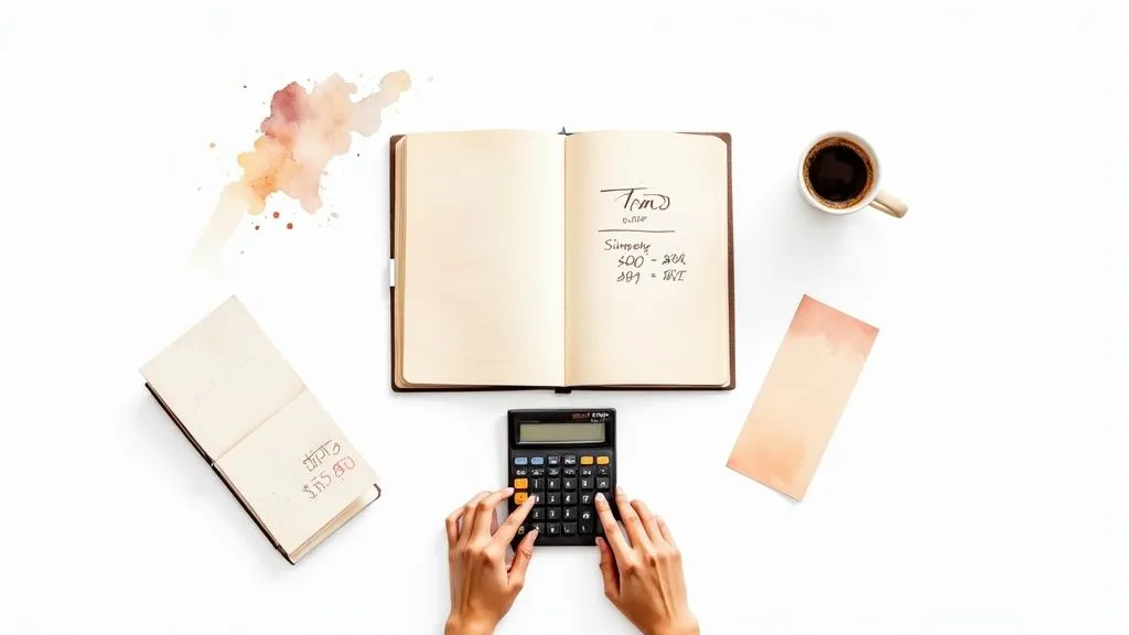 Vue de dessus d'un bureau blanc avec un carnet ouvert, un calculateur, des mains tapant, une tasse de café et des notes.