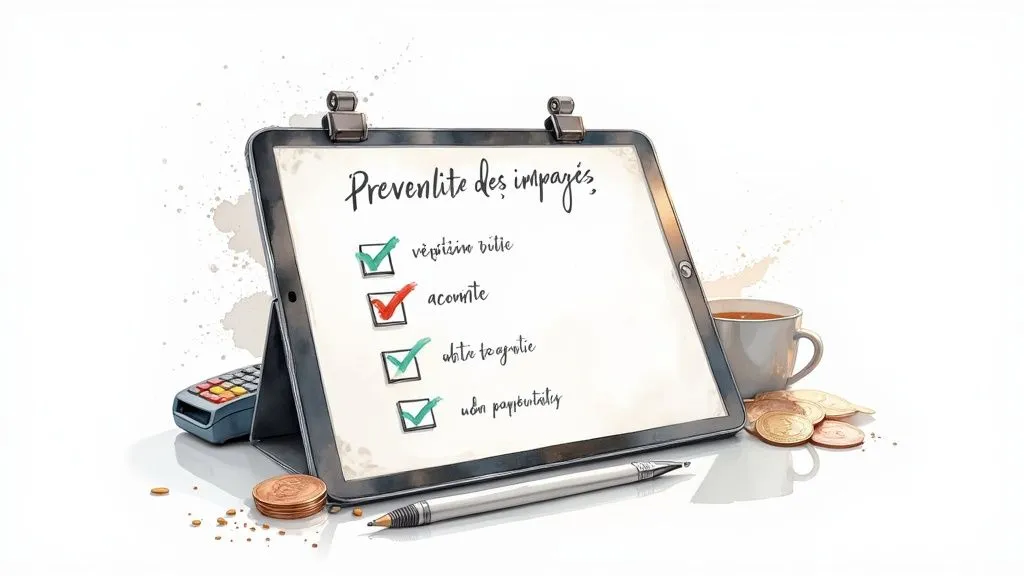 Tablet displaying a checklist to prevent unpaid invoices, with office items around it.