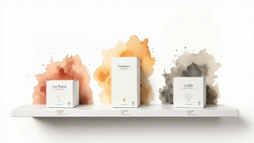 Three white boxes of beauty or wellness products on a shelf, each with a colorful watercolor splash in the background.