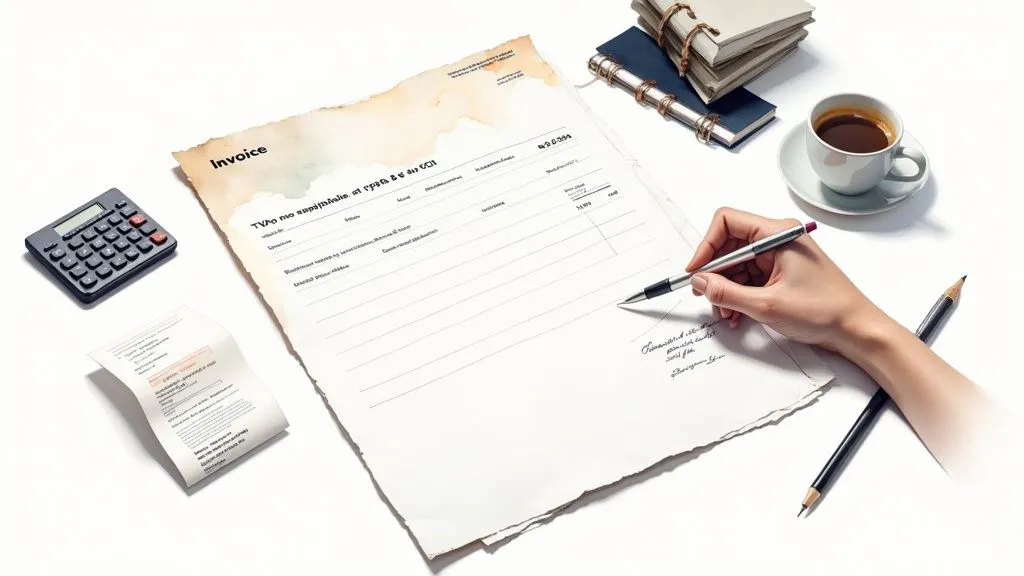 Une personne rédigeant une facture sur un ordinateur portable, illustrant la simplicité de la gestion administrative.