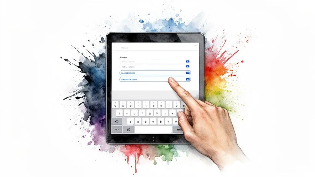 A hand tapping a tablet displaying addresses and a virtual keyboard, on a colorful watercolor background.