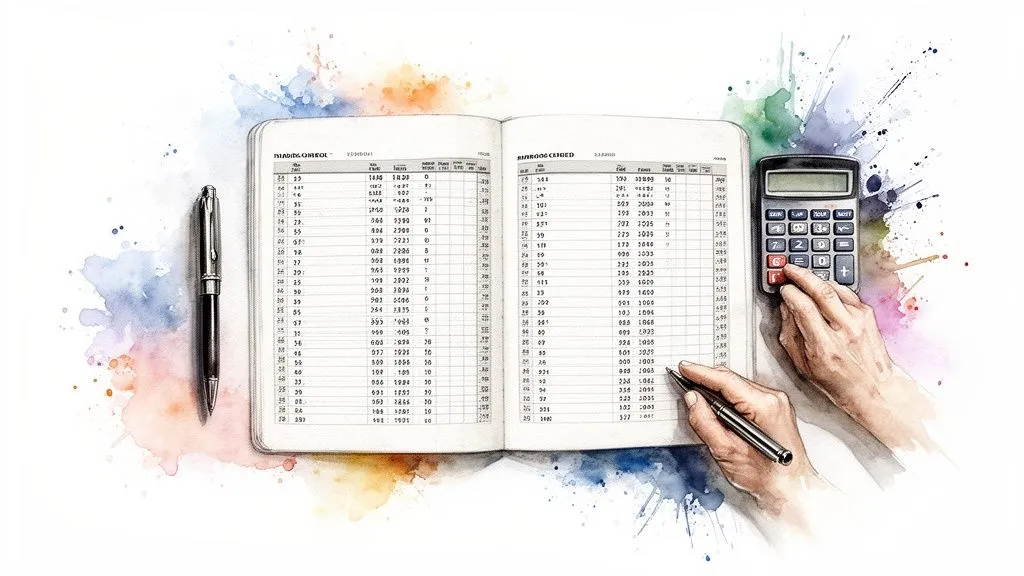 Hands using a calculator and a pen over an open ledger, on a watercolor background. Conceptual illustration of accounting.
