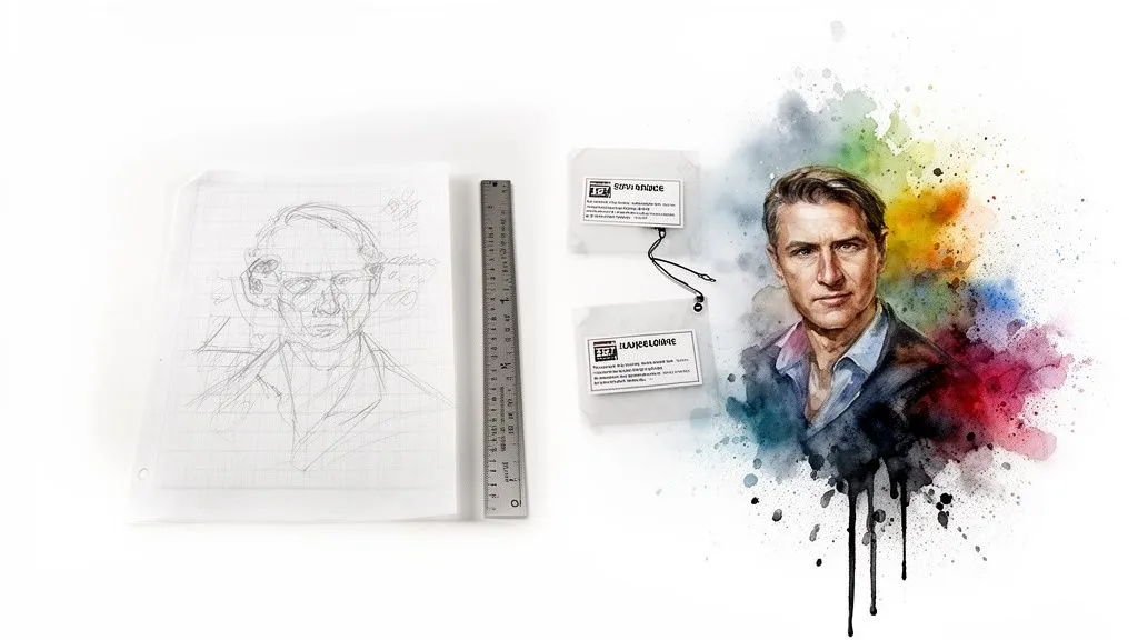 Pencil sketch and watercolor portrait of a man with color splashes, next to a ruler and labels.