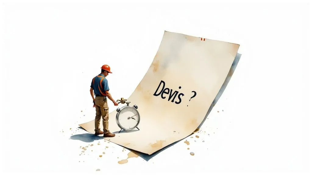 A worker looks at a clock next to a giant sheet asking 'Quote?', symbolizing time and estimates.