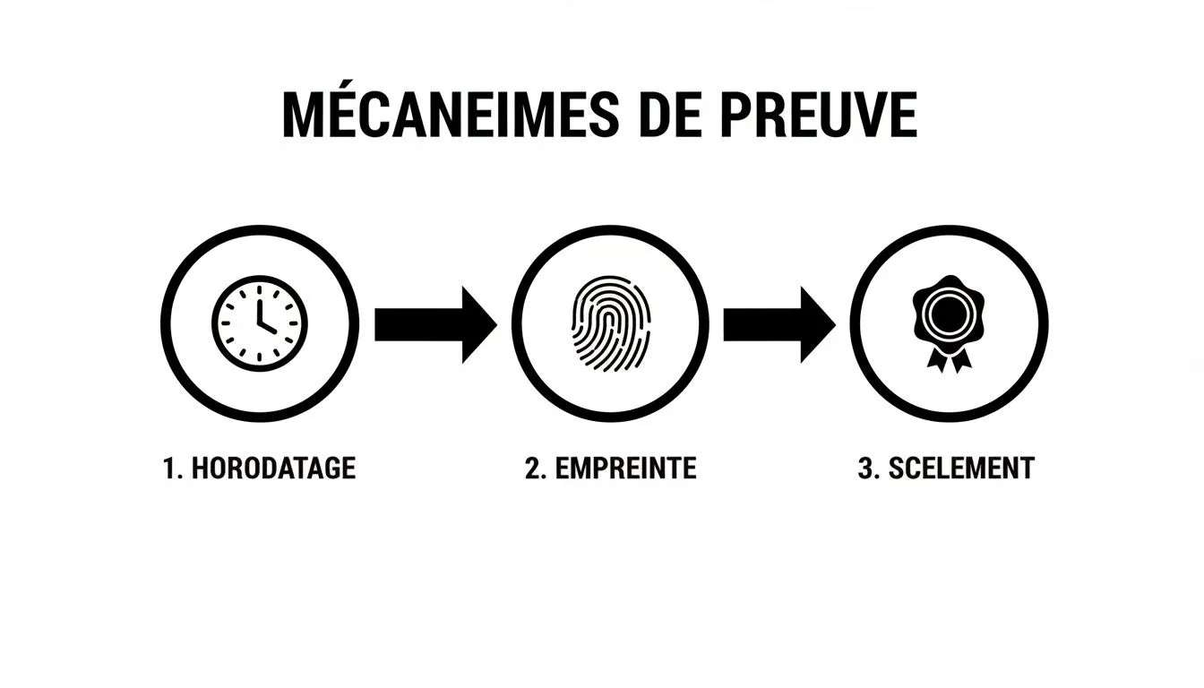 Diagram presenting the evidentiary mechanisms: timestamping (clock), digital fingerprint (finger), and sealing (seal).