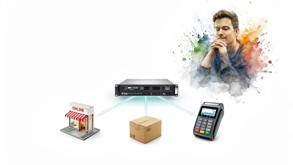 A server manages transactions between an online store, a package and a payment terminal, with a thoughtful man.