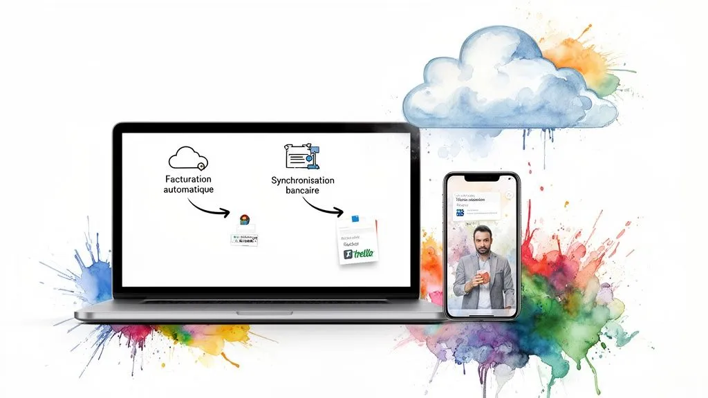 Digital illustration of administrative management services: automatic invoicing and bank synchronization on computer and mobile.